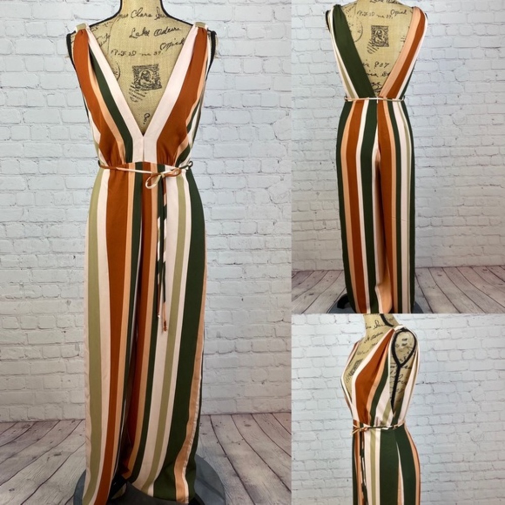 4SI3NNA Striped Plunging Neckline Jumpsuit